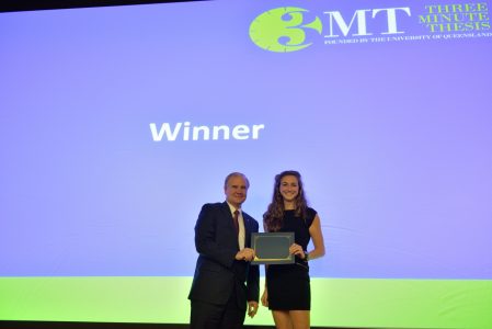 Dean George Flowers presents Lauren Woodie with First Place Award for the 2017 3MT competition