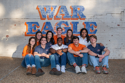 students sitting in front of a wall painted with the words "War Eagle" behind them