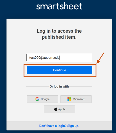 log-in screen with continue button highlighted