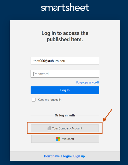 Log-in modal with your company account highlighted