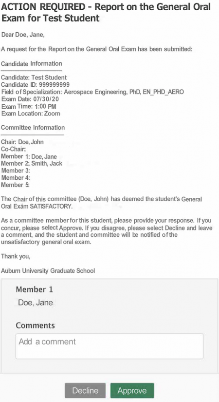 approve or decline the oral exam