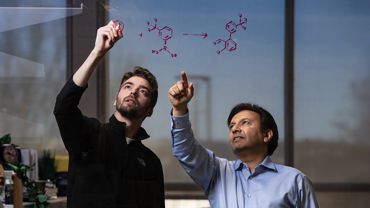 graduate student writing chemical equation with marker on glass while professor instructs him